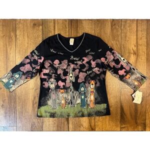 Jess & Jane Bow Wow Dog Graphic V-Neck Top 100% Cotton Black XL Made USA New